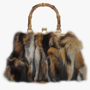 NWT Real Fox Fur Handbag - Vintage Kisslock Purse with Bamboo Handle, Dark Brown